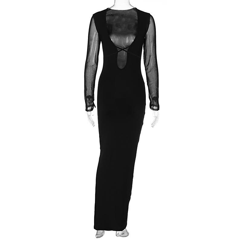 Mesh patchwork solid low cut long sleeve cross front maxi dress 11
