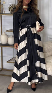 Collared Long Sleeve Striped Satin Two Piece Set 7