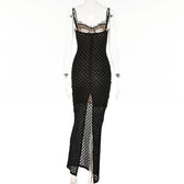 Mesh lace hem zip-up slit solid backless cami midi dress 4