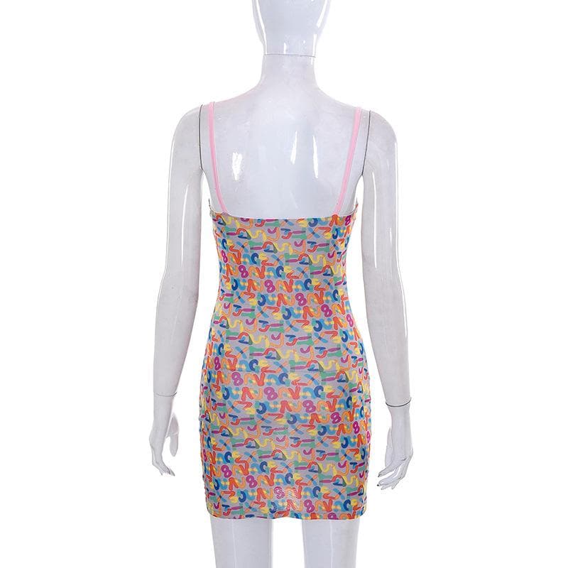 Mesh letter print contrast square neck backless cami mini dress 4
