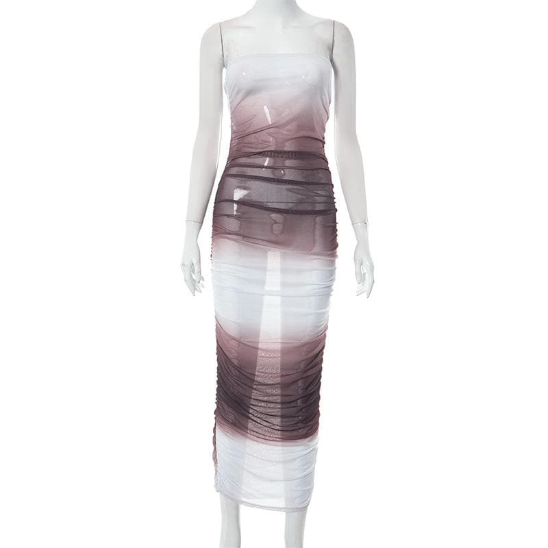 Gradient sheer mesh see through ruched tube maxi dress 8
