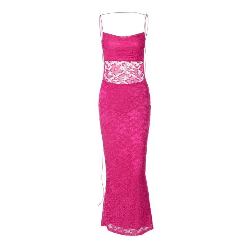 Lace solid square neck ruched spaghetti strap backless maxi dress 2