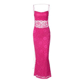 Lace solid square neck ruched spaghetti strap backless maxi dress 2