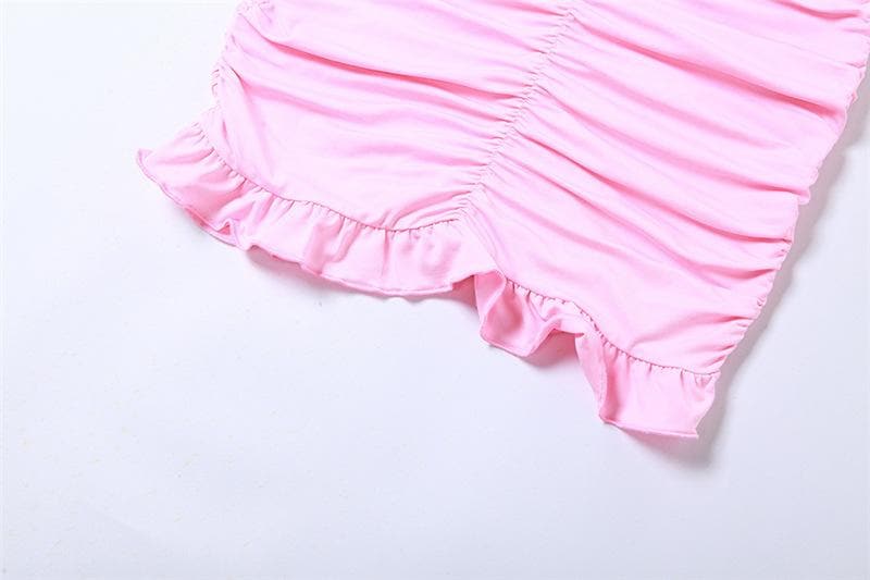 Chiffon ruffle solid irregular ruched self tie tube midi dress - View 7
