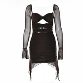 Long sleeve solid hollow out slit mesh ruched zip-up backless mini dress 9