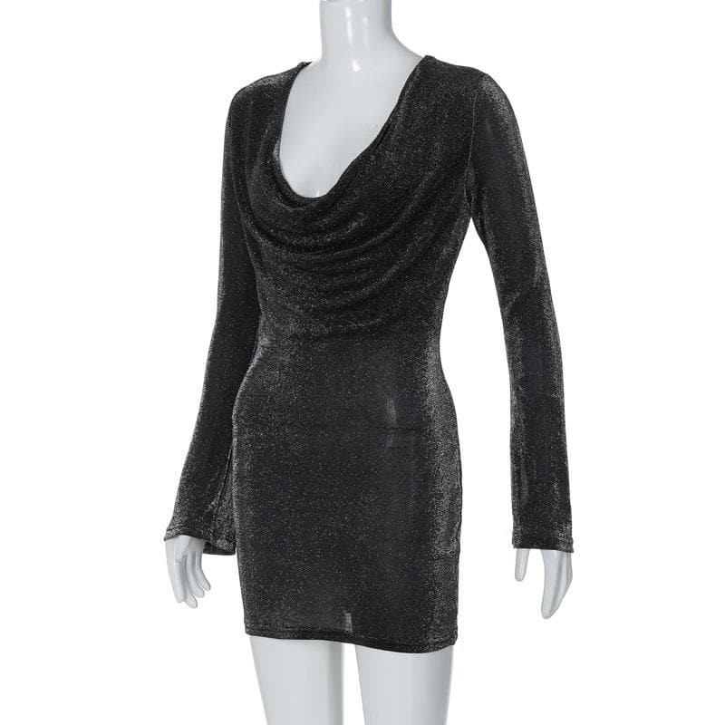Glitter Cowl Neck Flare Long Sleeve Bodycon Mini Party Dress 3