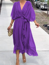 Chiffon Deep V-Neck Batwing Wrap Midi Dress 7