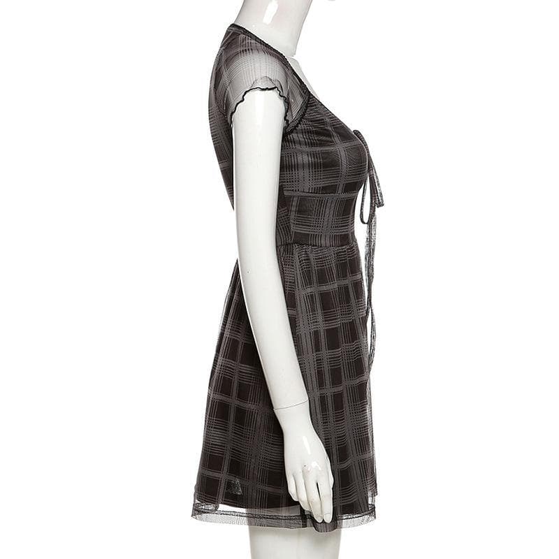Mesh short sleeve plaid A line ruffled dress 5