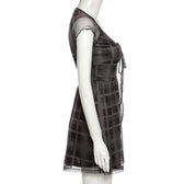 Mesh short sleeve plaid A line ruffled dress 5