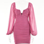 Mesh solid long sleeve ruched notch neck zip-up mini dress 3