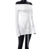 Lace up long sleeve off shoulder ruched solid mini dress 3