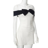Bowknot applique contrast off shoulder backless mini dress 3
