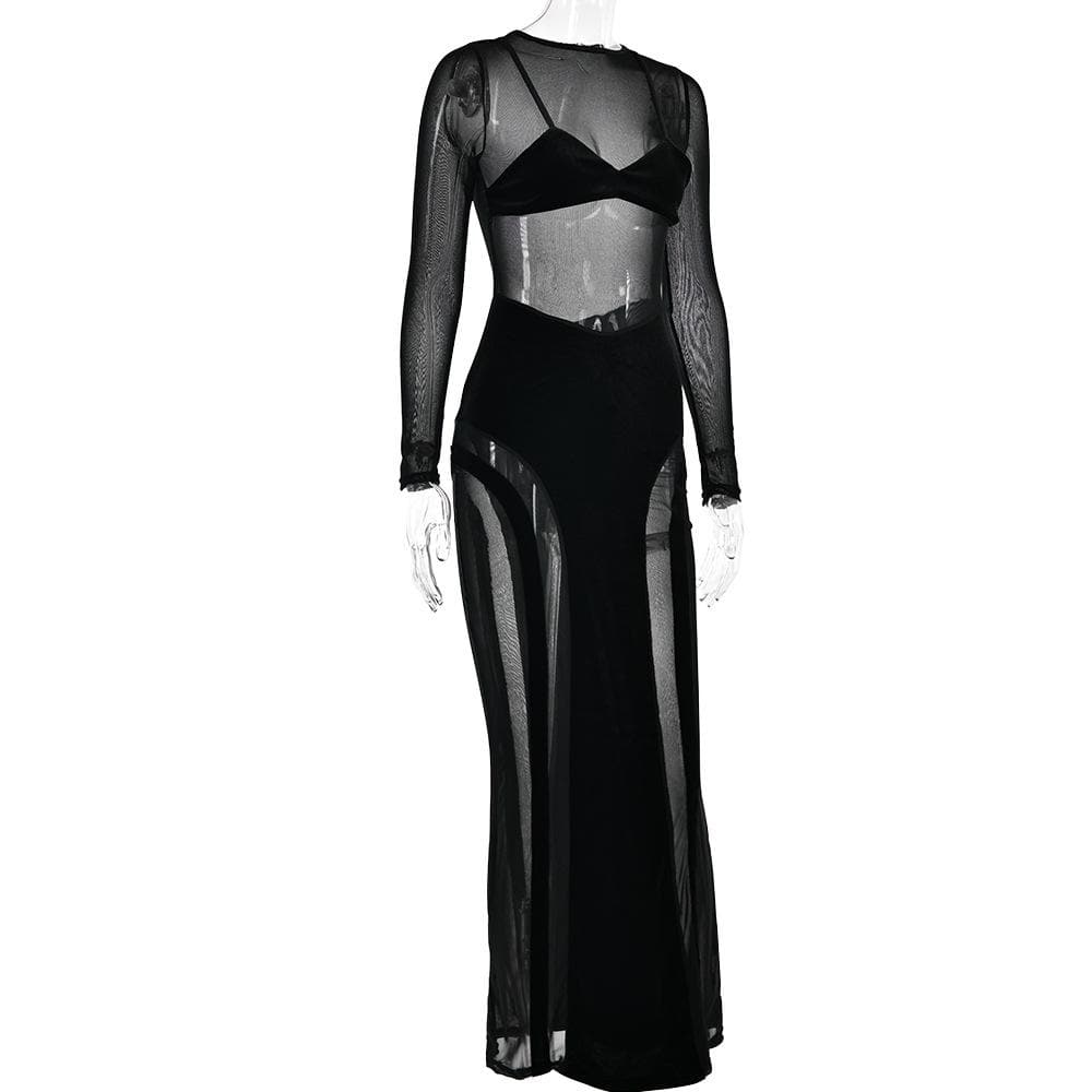 Mesh patchwork velvet solid long sleeve maxi dress 4