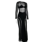 Mesh patchwork velvet solid long sleeve maxi dress 4