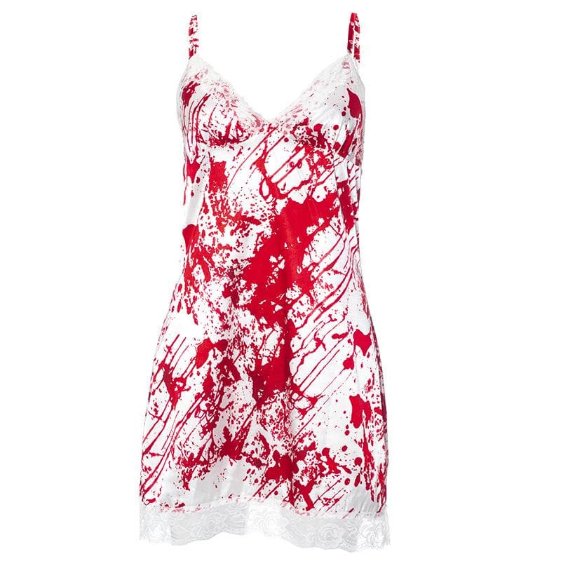Splatter Print V-Neck Lace Trim Satin Cami Mini Dress