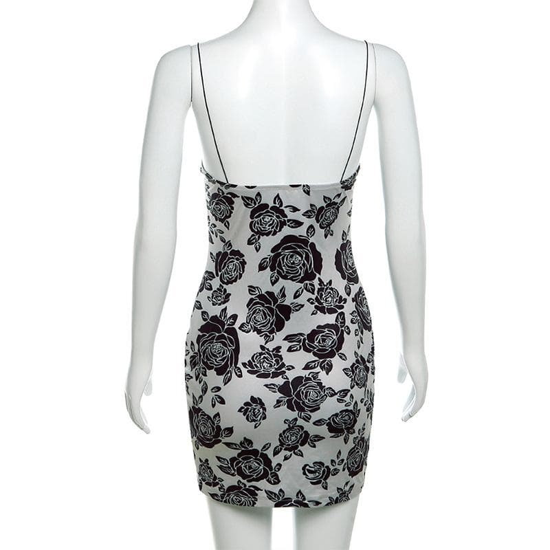 Rose print lace hem contrast spaghetti strap mini dress 5