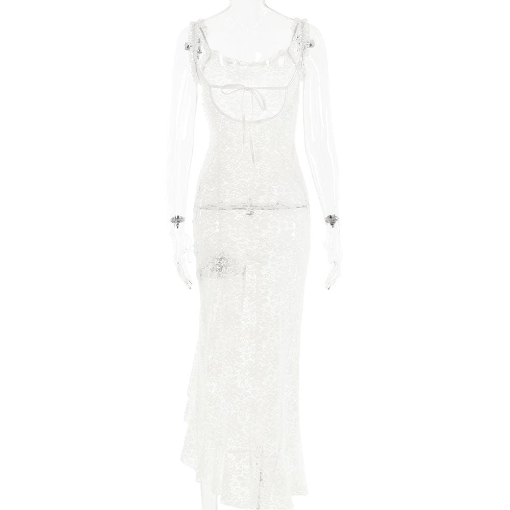 Lace see through self tie solid backless slit maxi dress 4