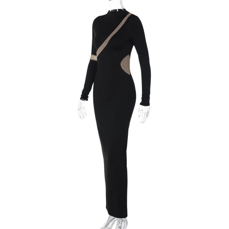 Contrast irregular mesh patchwork long sleeve slit maxi dress 3