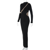 Contrast irregular mesh patchwork long sleeve slit maxi dress 3