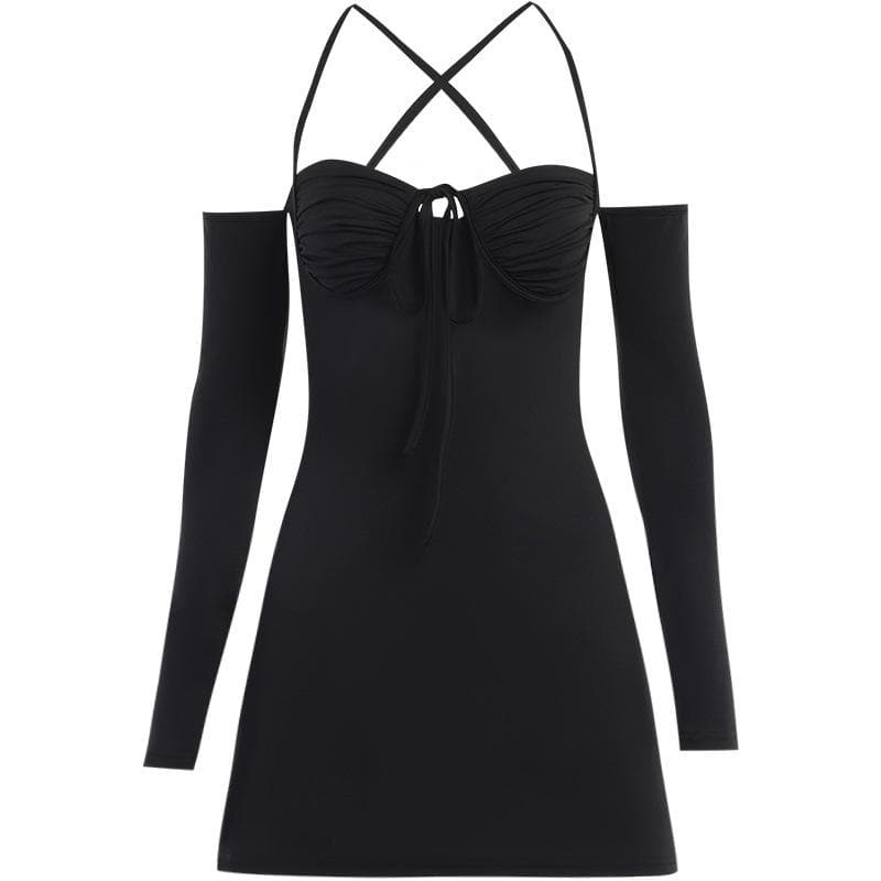 Lace up solid cross back off shoulder long sleeve mini dress 2