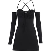 Lace up solid cross back off shoulder long sleeve mini dress 2