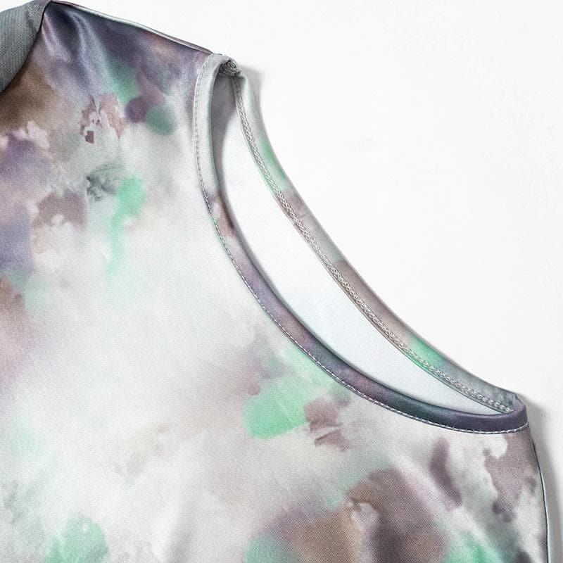 Long sleeve crewneck tie dye mesh gloves contrast midi dress 5