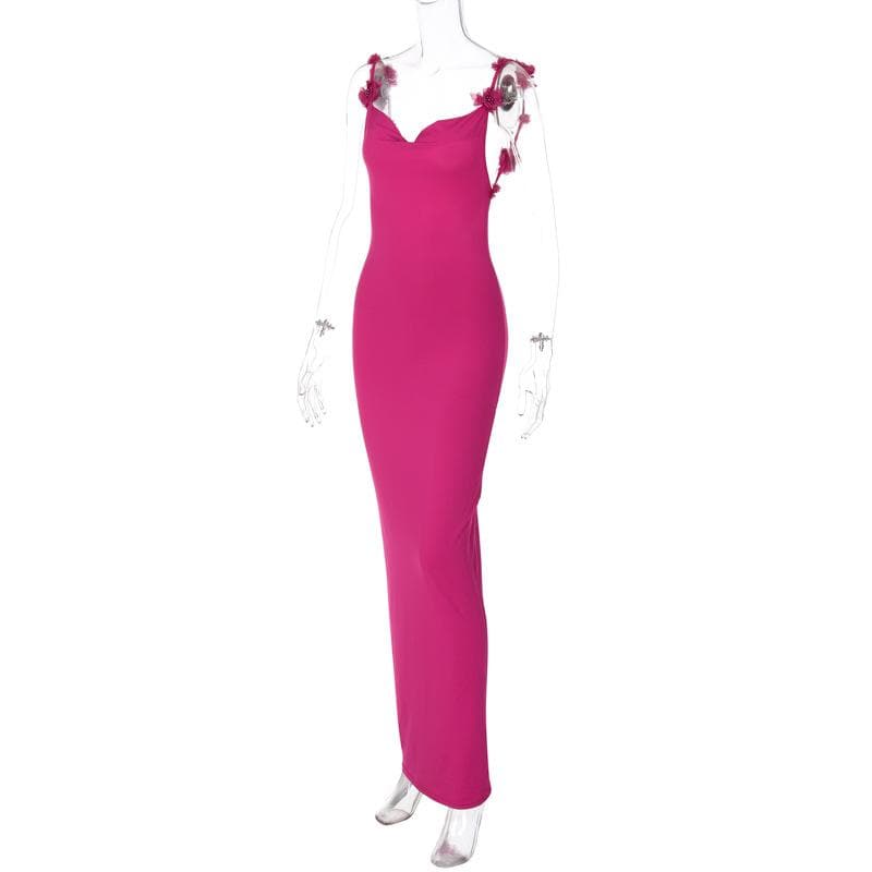 Flower applique cowl neck backless solid maxi dress 4