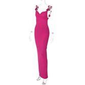 Flower applique cowl neck backless solid maxi dress 4