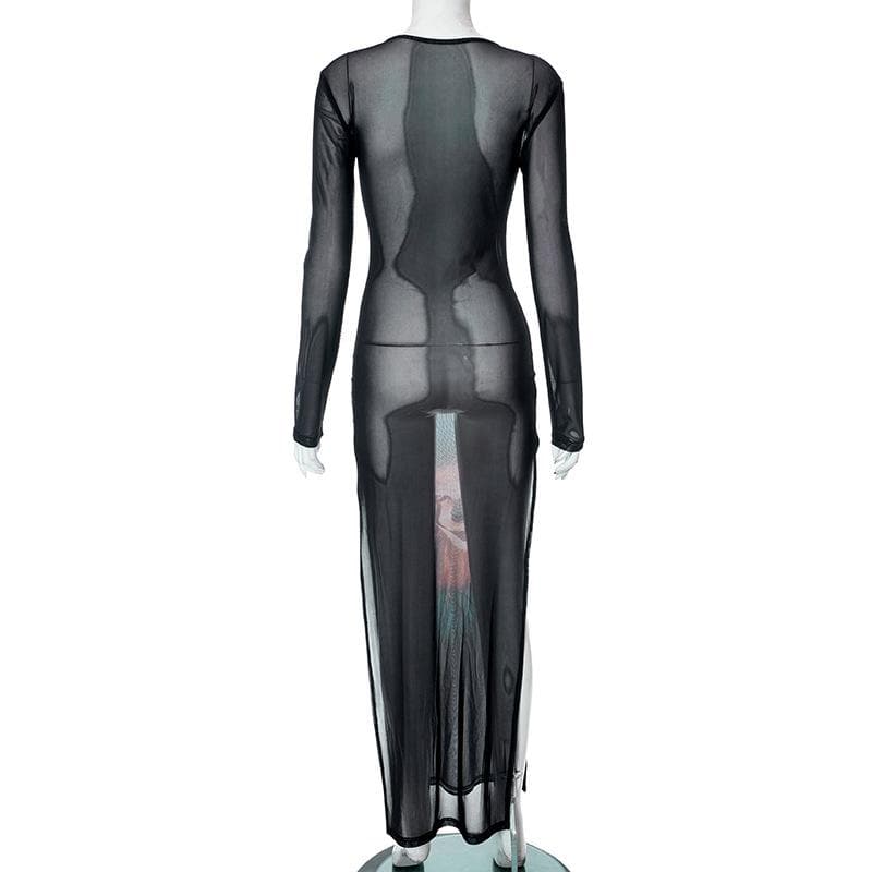 Joker pattern long sleeve sheer mesh see through slit maxi dress 4