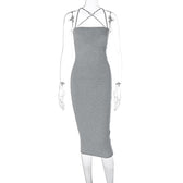 Cross back lace up self tie backless solid square neck midi dress 3