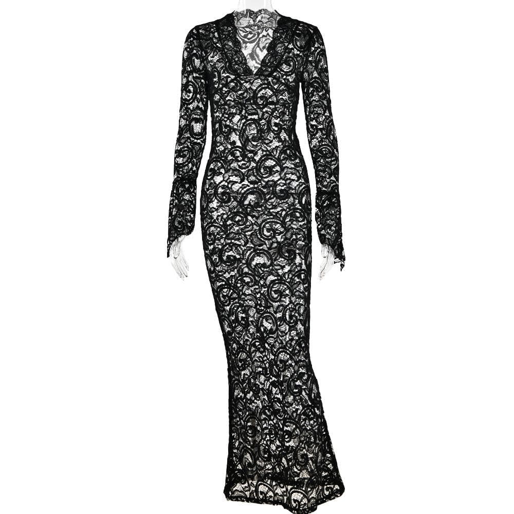 Lace see through long sleeve v neck solid maxi dress 12