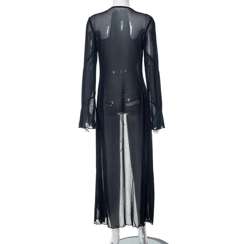 Flared sleeve ruffle sheer mesh see through self tie maxi dress 7