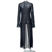 Flared sleeve ruffle sheer mesh see through self tie maxi dress 7