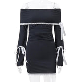 Off shoulder long sleeve lace hem bowknot mini dress 8