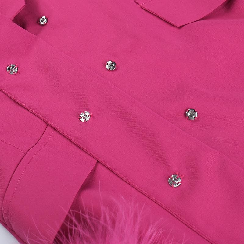 Feather turnover collar long sleeve v neck solid button mini dress 9