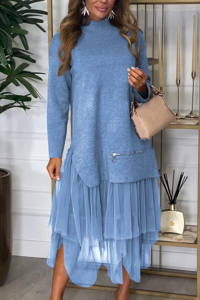 High Neck Long Sleeve Mesh Tiered Faux Two Piece Midi Dress 4
