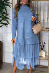 High Neck Long Sleeve Mesh Tiered Faux Two Piece Midi Dress 4