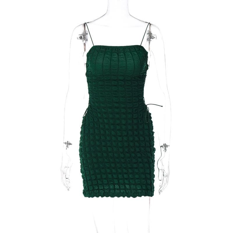 Waffle solid lace up spaghetti strap backless mini dress 3