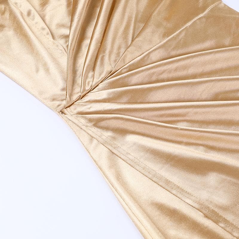 Sleeveless solid satin slit one shoulder ruched backless midi dress 5