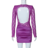 Lace see through satin ruched hollow out long sleeve mini dress 3