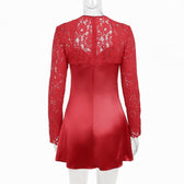Lace zip-up long sleeve patchwork padded mini dress 4