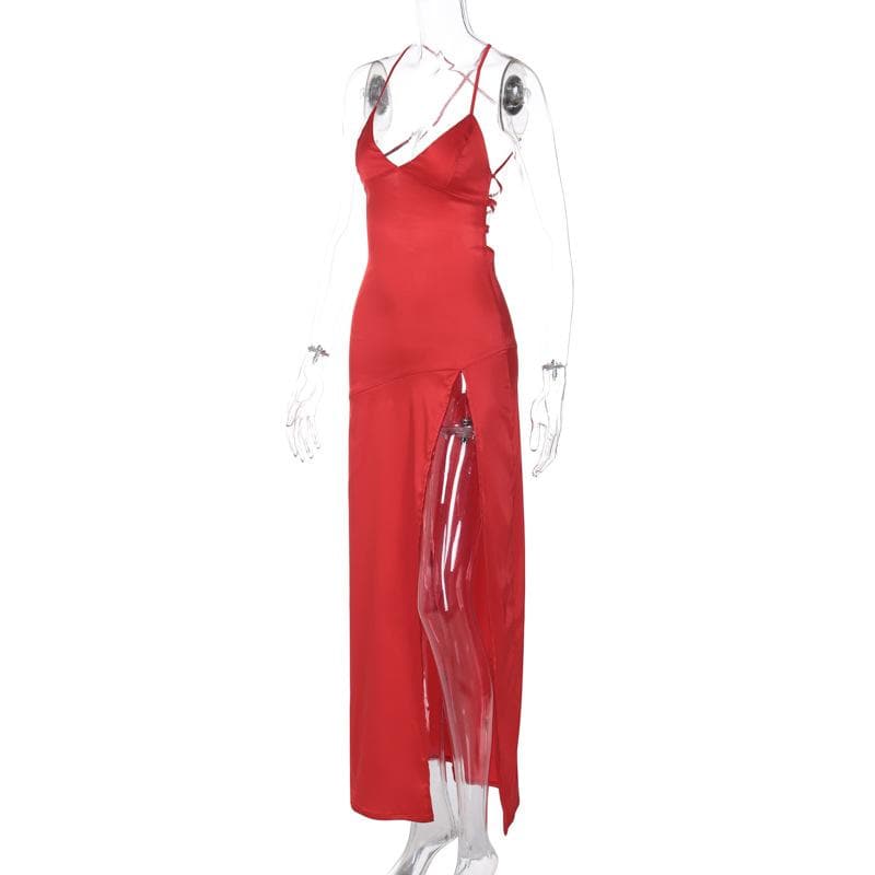 Slit cross back satin backless solid v neck maxi dress 3