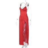 Slit cross back satin backless solid v neck maxi dress 3