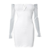 Mesh solid off shoulder long sleeve self tie mini dress 2