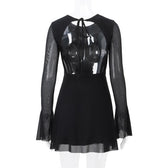Long flared sleeve crewneck self tie mesh backless mini dress 5