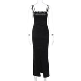 Beaded square neck slit zip-up backless cami maxi dress 5