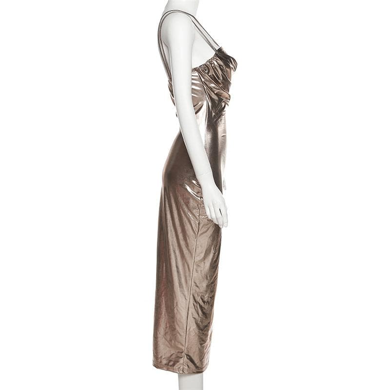 Metallic ruched backless patchwork solid midi dress 7