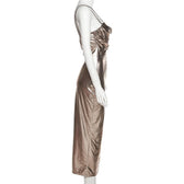 Metallic ruched backless patchwork solid midi dress 7