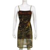 Mesh abstract print square neck contrast cami midi dress 9