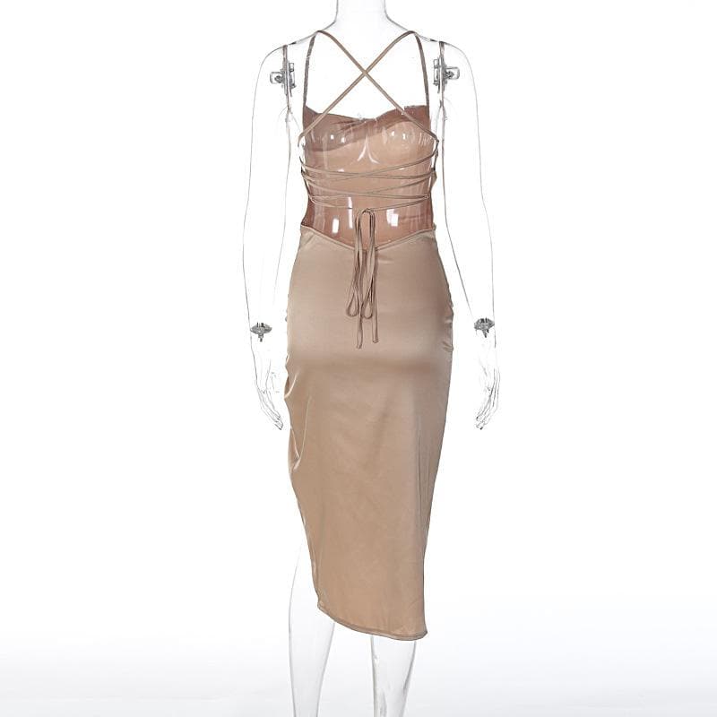 Satin Cowl Neck Cross Strap Twist Knot Split Midi Slip Dress 4